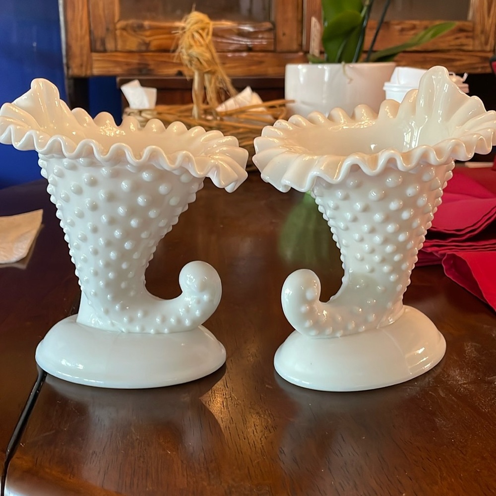 1950's Vintage Fenton Hobnail Cornucopia Candle Holder Milk Glass, Set of 2